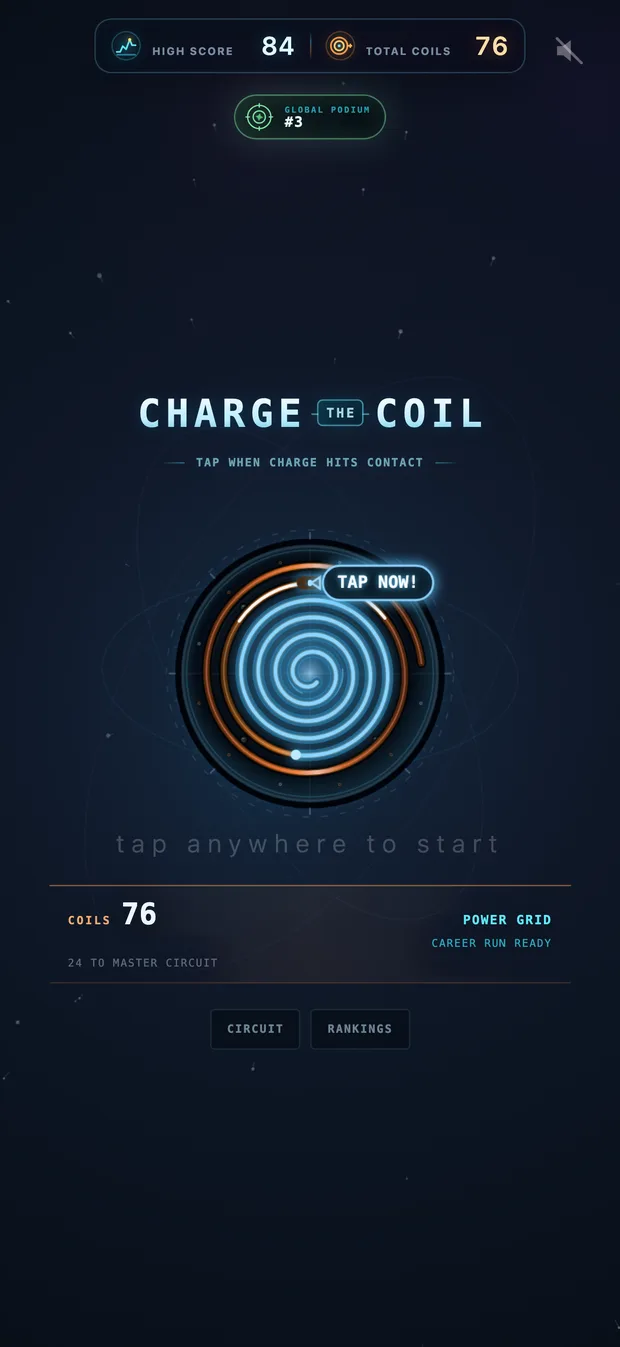 The Charge The Coil title screen with the copper induction coil idling