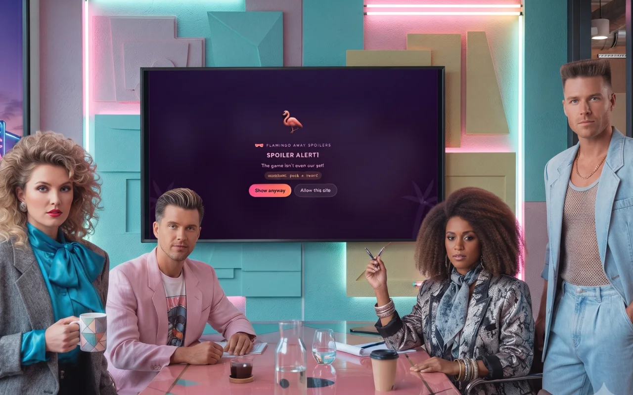 Flamingo Away spoiler alert on screen, Vice City styling