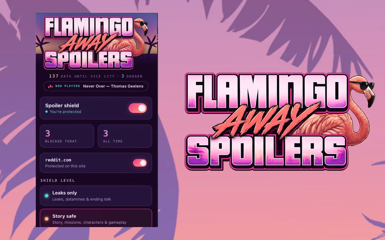 The Flamingo Away popup: spoiler shield toggle, blocked counter, Vice City countdown and shield levels