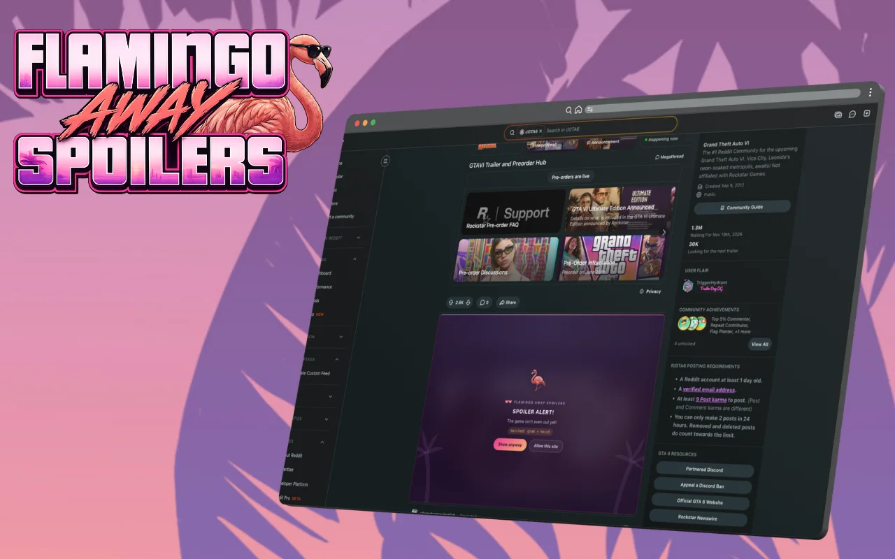 Flamingo Away shielding a GTA 6 spoiler on a Reddit thread in real time